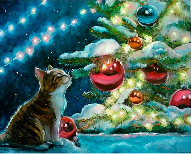 cuadro gato con arbol de navidad