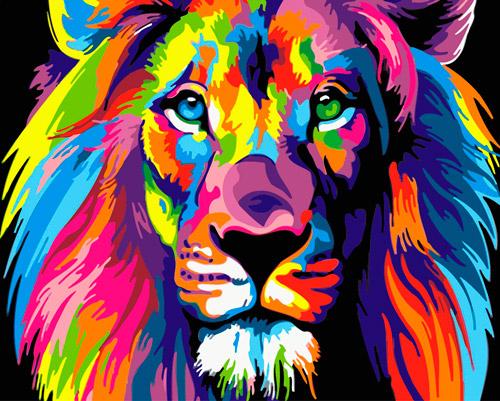 Lienzo con dibujo para pintar con números, de 40x50cm. Diseño león  multicolor. Incluye pinceles y pinturas necesarias.