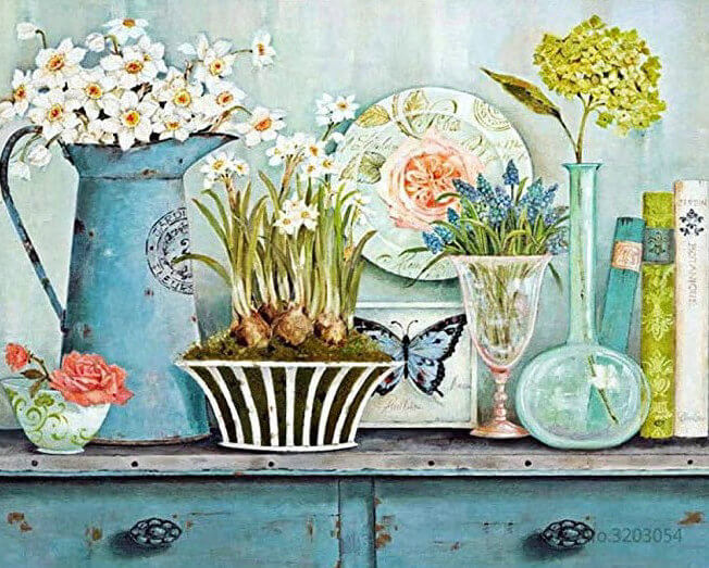 Colorear Por Números - Decoración Floral y Libros en el Mueble