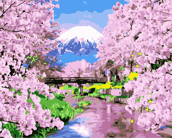 Colorear Por Números - Monte Fuji entre Árboles de Cerezo