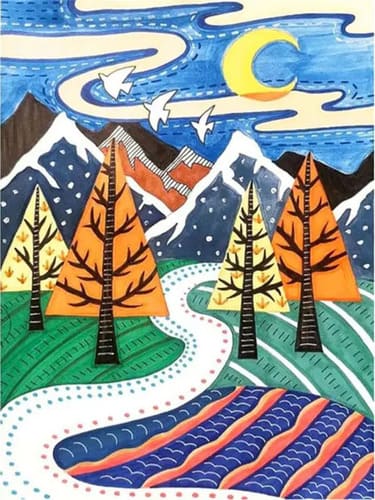 Colorear Por Números - Paisaje abstracto de pinos coloridos en el río por la noche